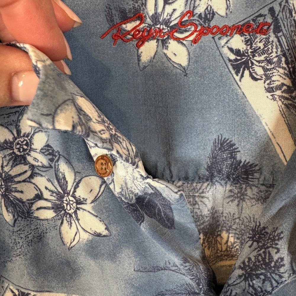 Vintage Reyn Spooner Hawaiian Shirt Mens Large Blue Floral Hibiscus Button Up - Picture 7 of 11